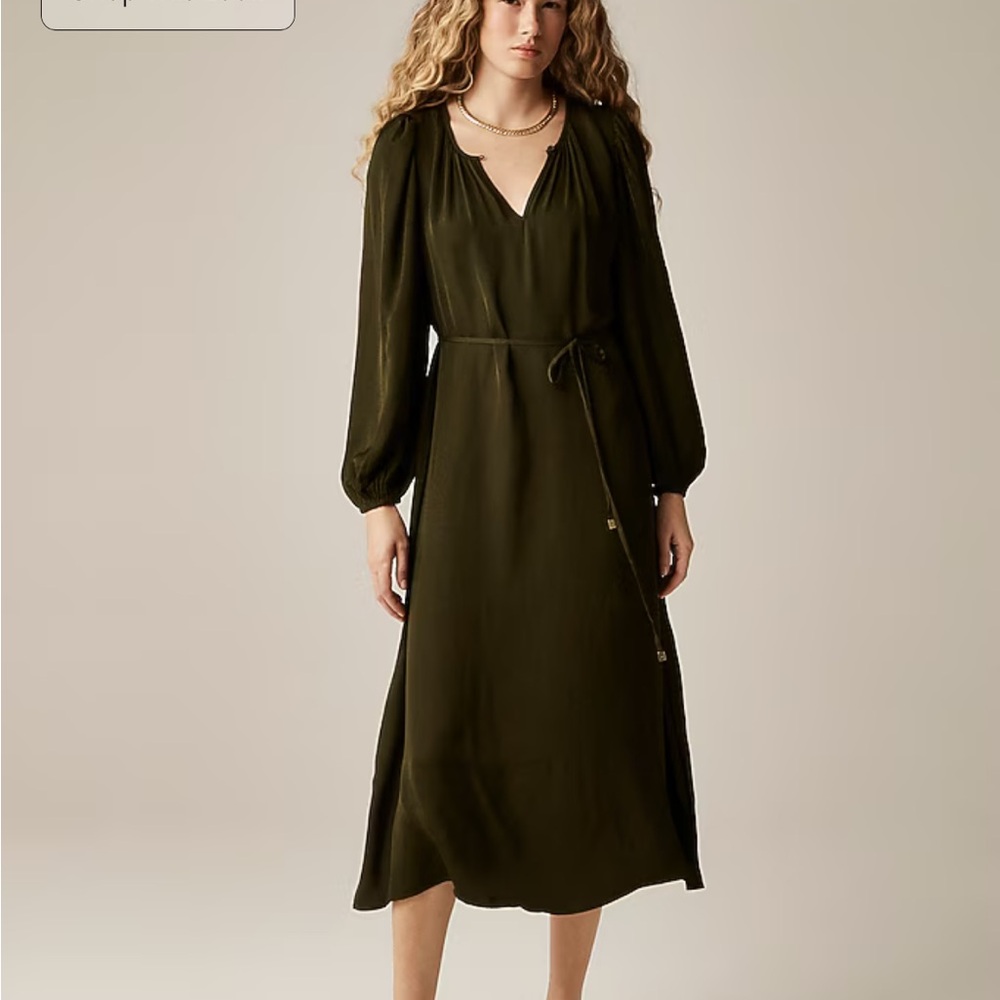 J. Crew Dark Green Drapey Tie-Waist Long Sleeve Dress